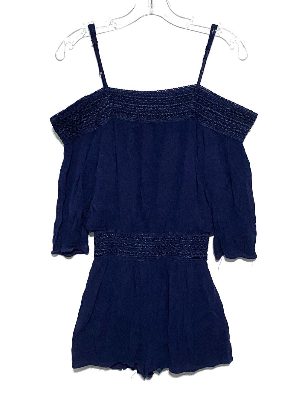 Purple Snow Crinkle Crochet Trim Off Shoulder Romper M Navy Boho Beach Resort